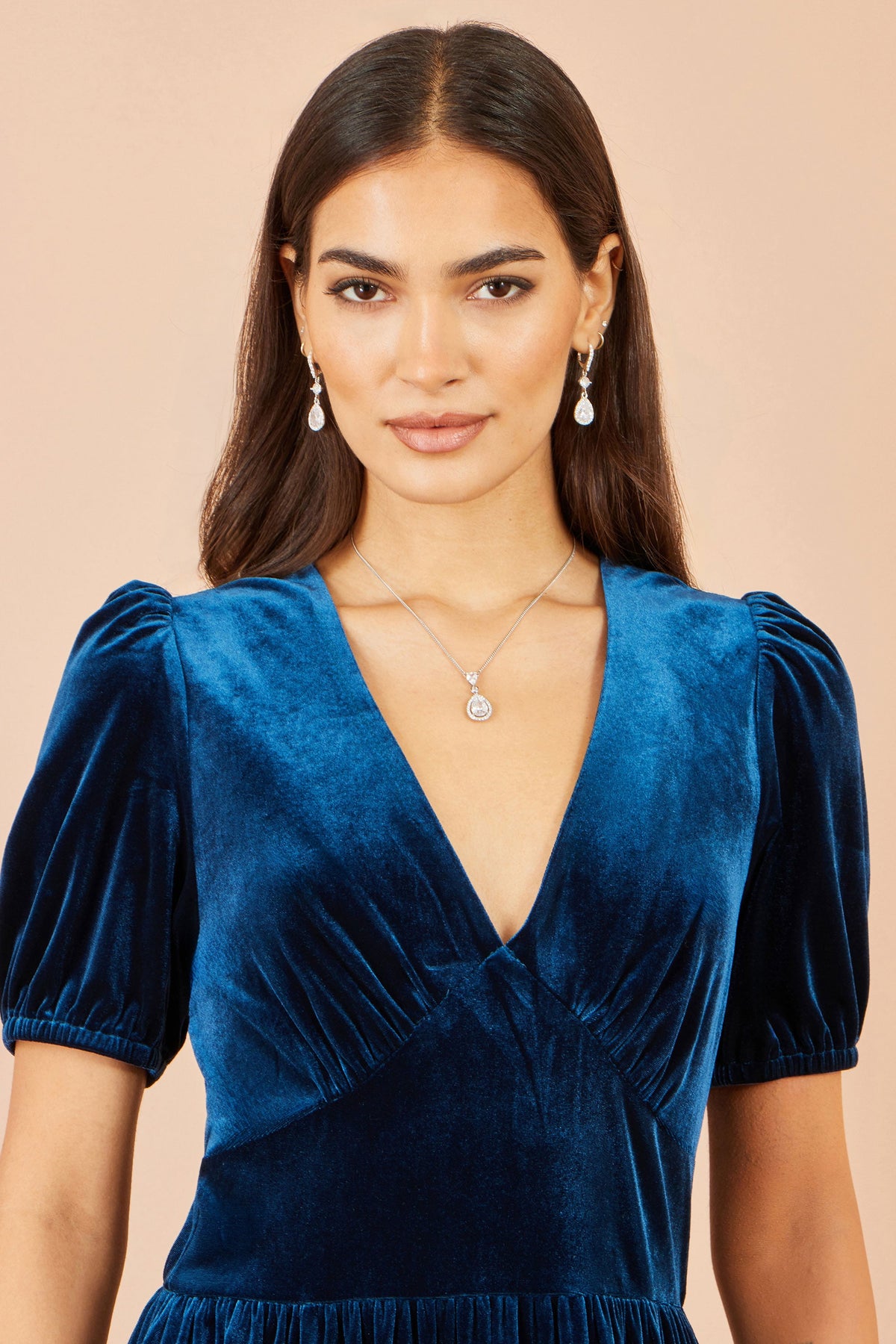 Yumi Women's Teal Velvet V-Neck Midi Dress with Tiered Skirt and Pockets