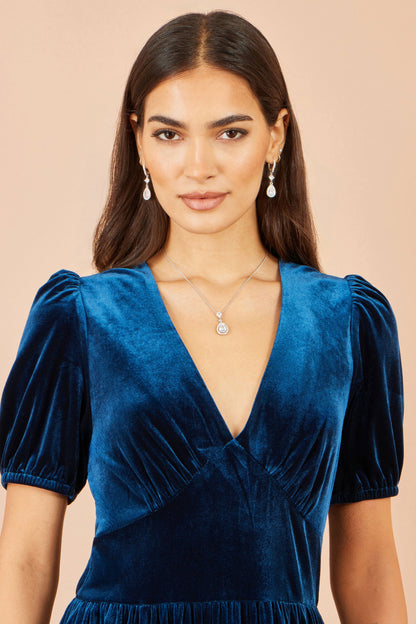 Yumi Women's Teal Velvet V-Neck Midi Dress with Tiered Skirt and Pockets