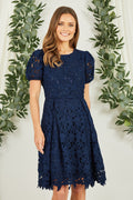Yumi Navy Lace Skater Dress With Puff Sleeves - QHA UK