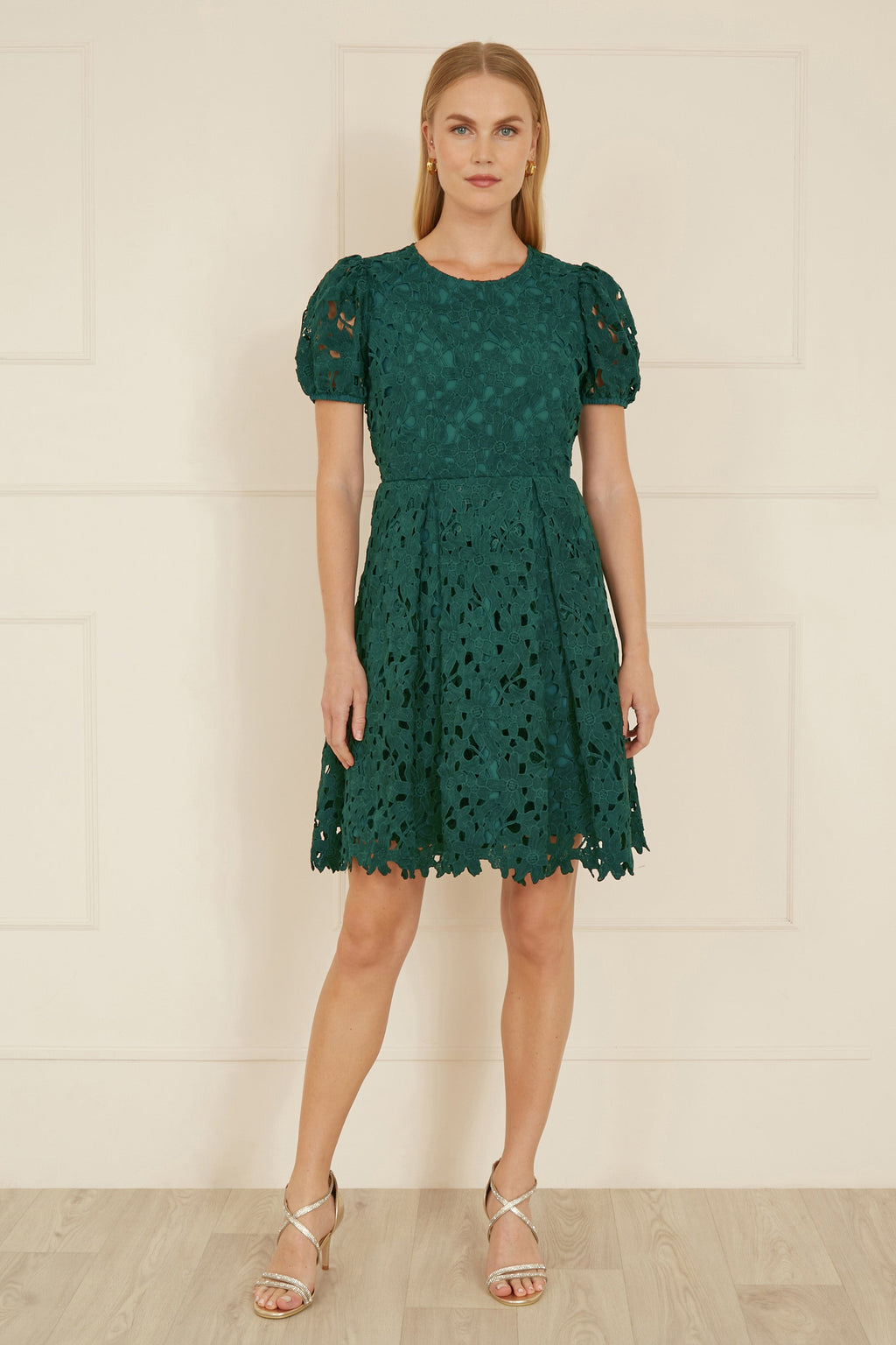 Yumi Green Lace Skater Dress With Puff Sleeves - QHA UK