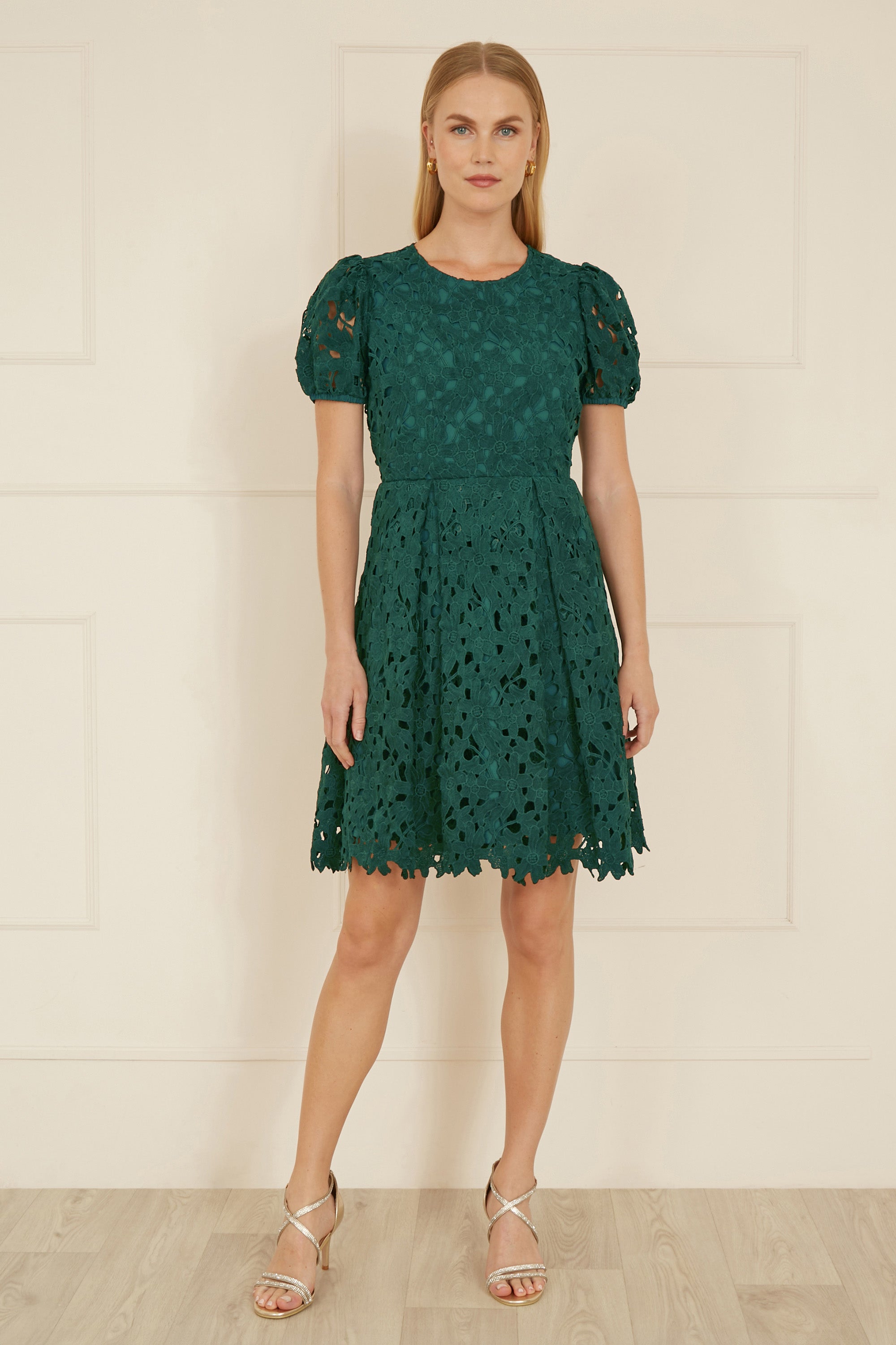 Yumi Green Lace Skater Dress With Puff Sleeves - QHA UK