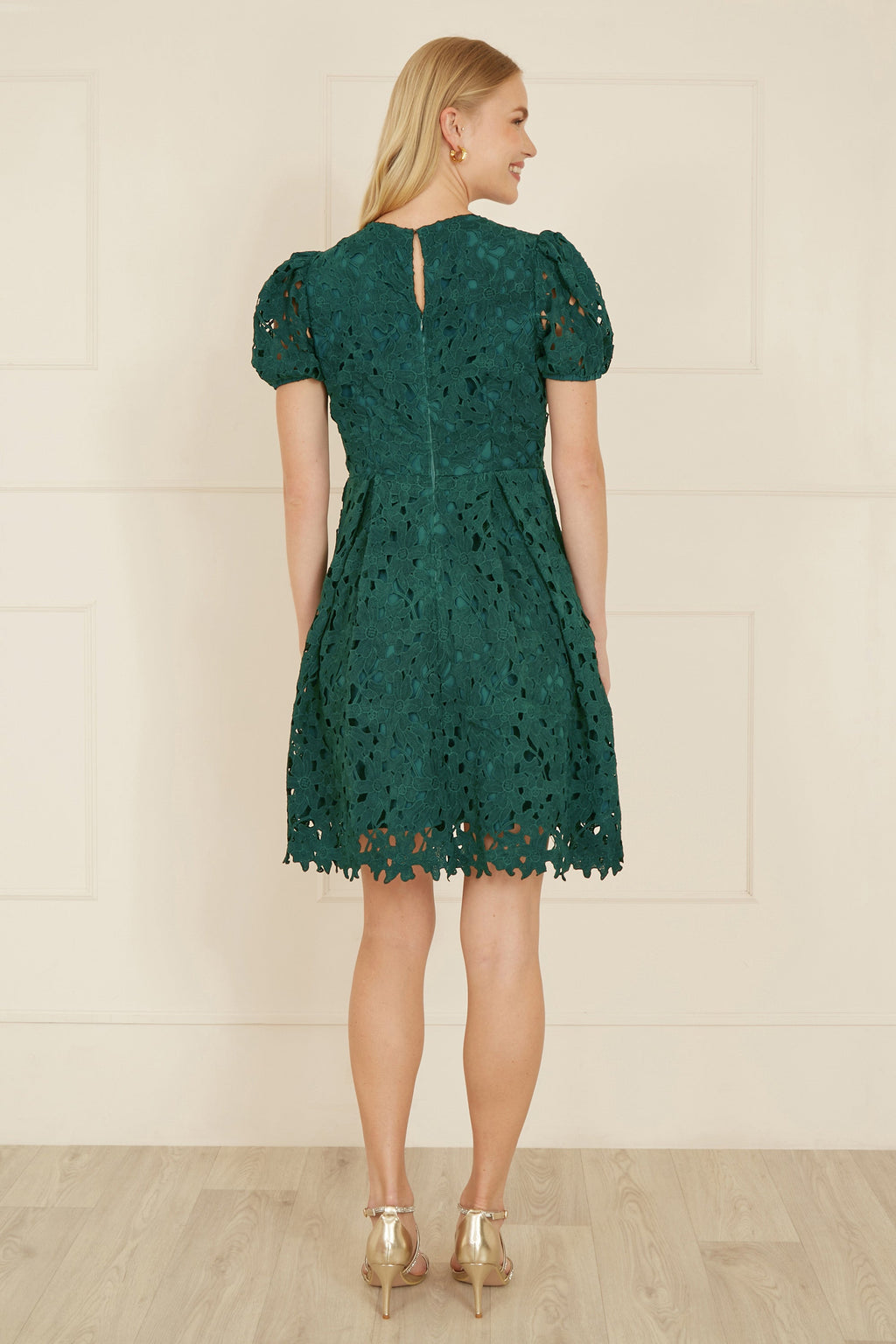 Yumi Green Lace Skater Dress With Puff Sleeves - QHA UK