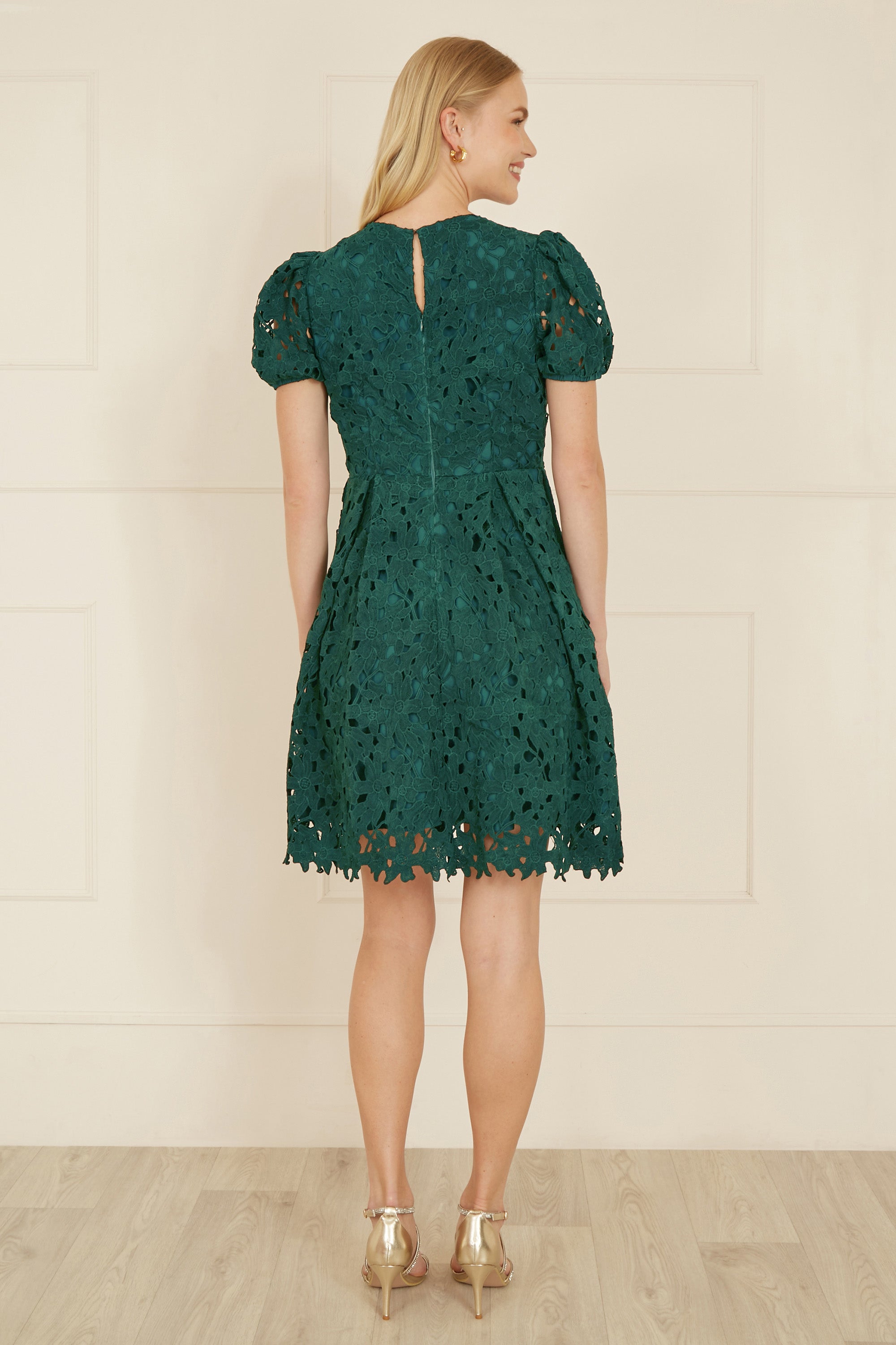 Yumi Green Lace Skater Dress With Puff Sleeves - QHA UK