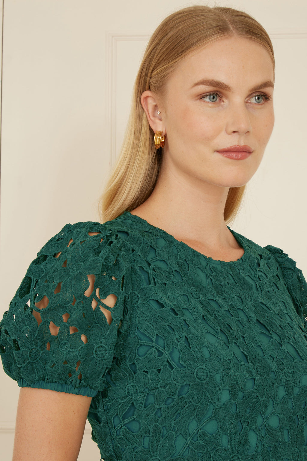 Yumi Green Lace Skater Dress With Puff Sleeves - QHA UK