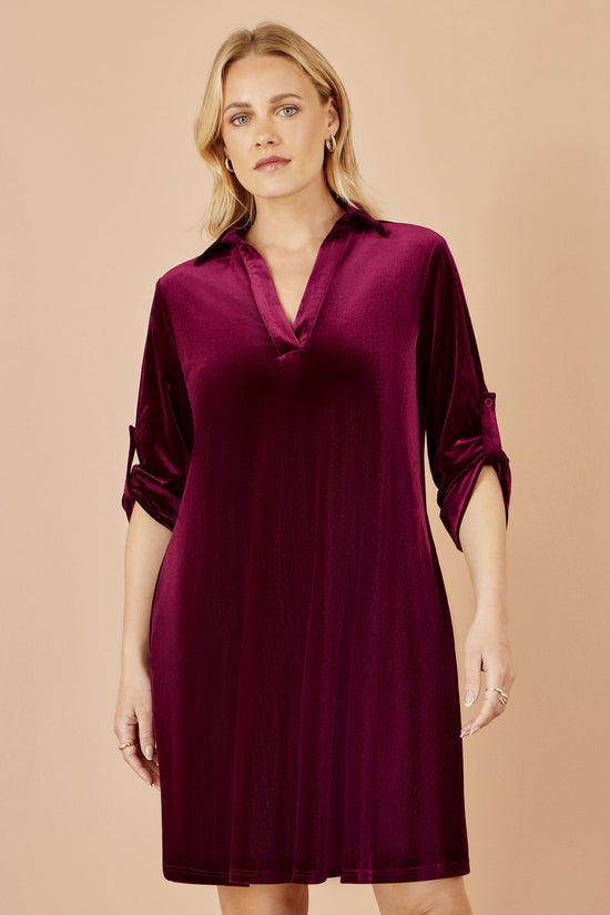 Yumi Burgundy Velvet Tunic Dress With 3/4 Sleeves - QHA UK