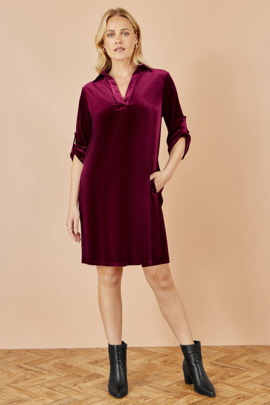 Yumi Burgundy Velvet Tunic Dress With 3/4 Sleeves - QHA UK