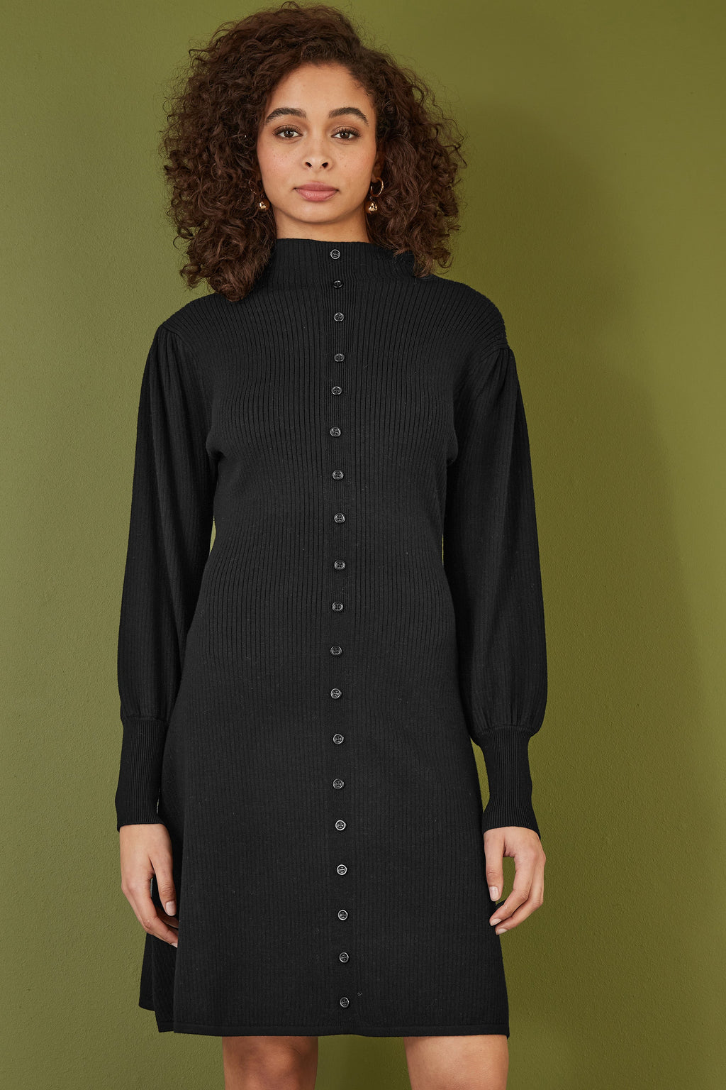 Yumi Black Knitted Button Up Midi Dress With Balloon Sleeves - QHA UK