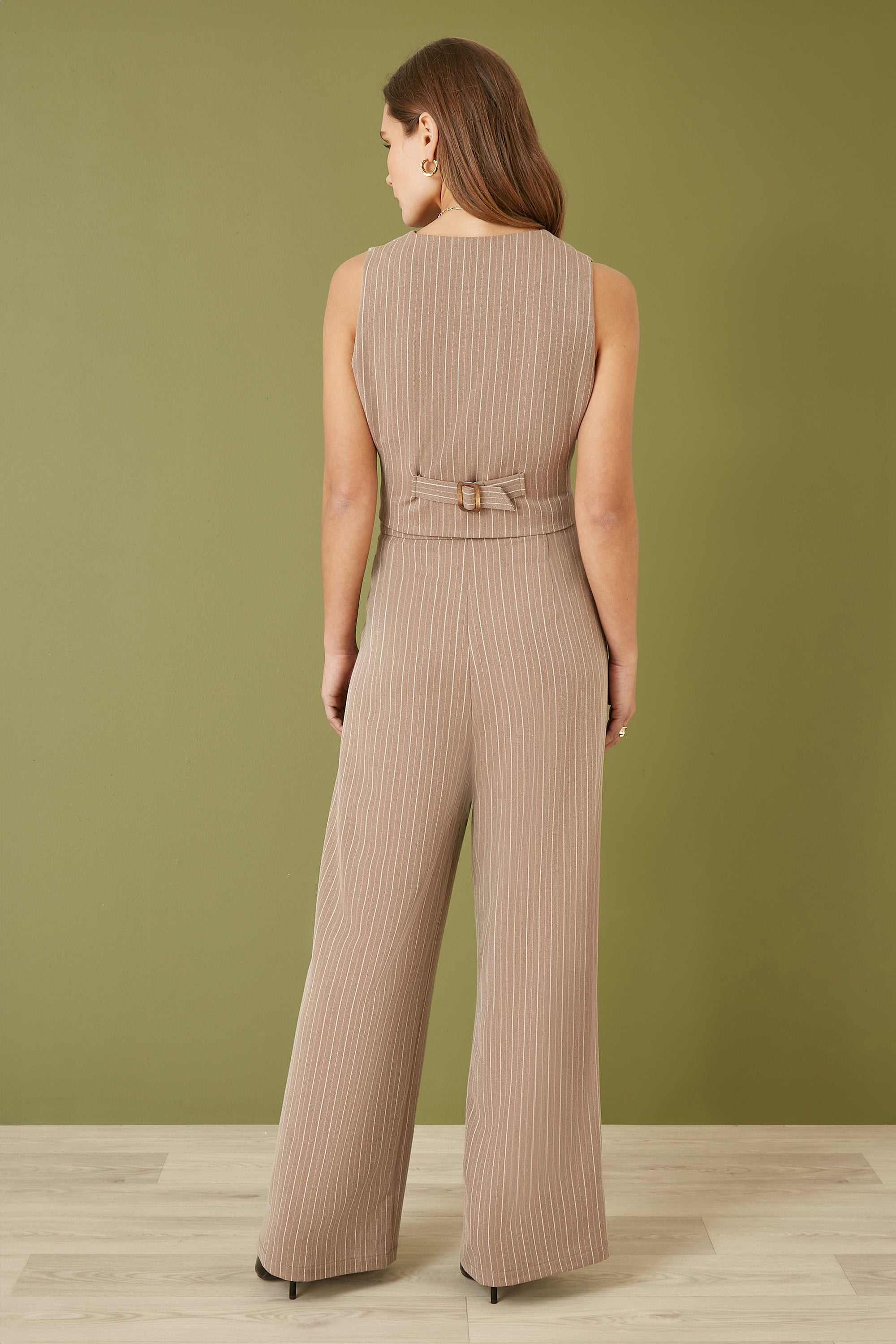 Yumi Brown Pinstripe Sustainable Cotton And Ramie Waist Coat Vest - QHA UK