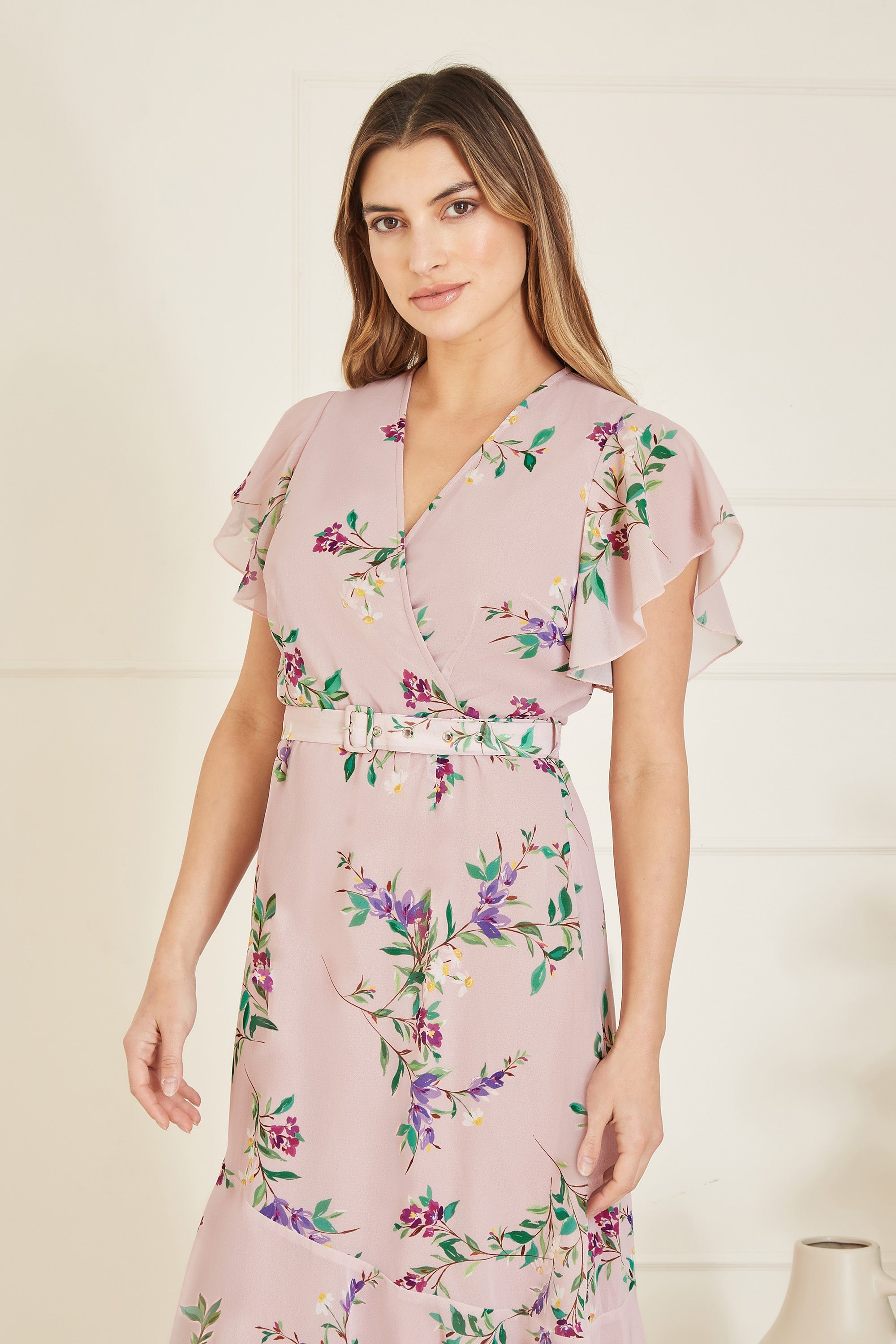 Yumi Blush Wrap Over Midi Dress With Frill Details And Matching Belt - QHA UK