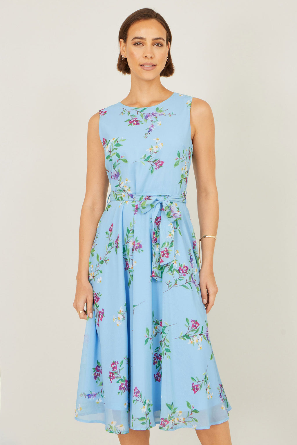 Yumi Blue Floral Print Midi Skater Dress - QHA UK