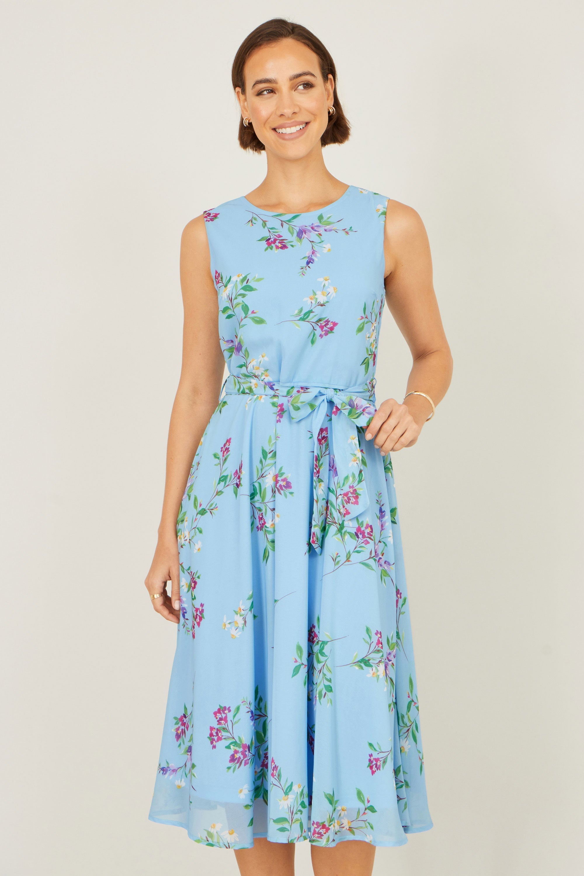 Yumi Blue Floral Print Midi Skater Dress - QHA UK