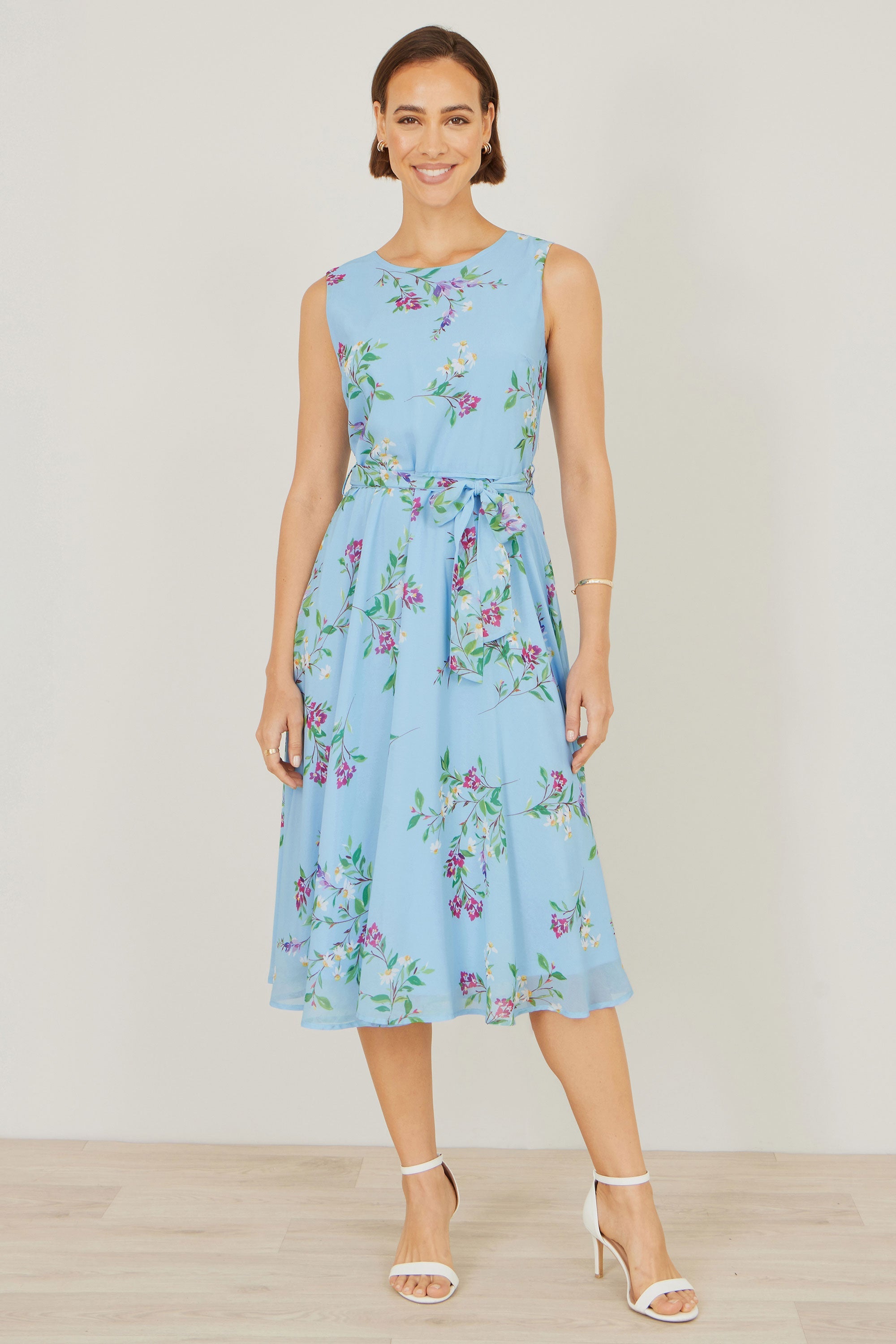 Yumi Blue Floral Print Midi Skater Dress - QHA UK