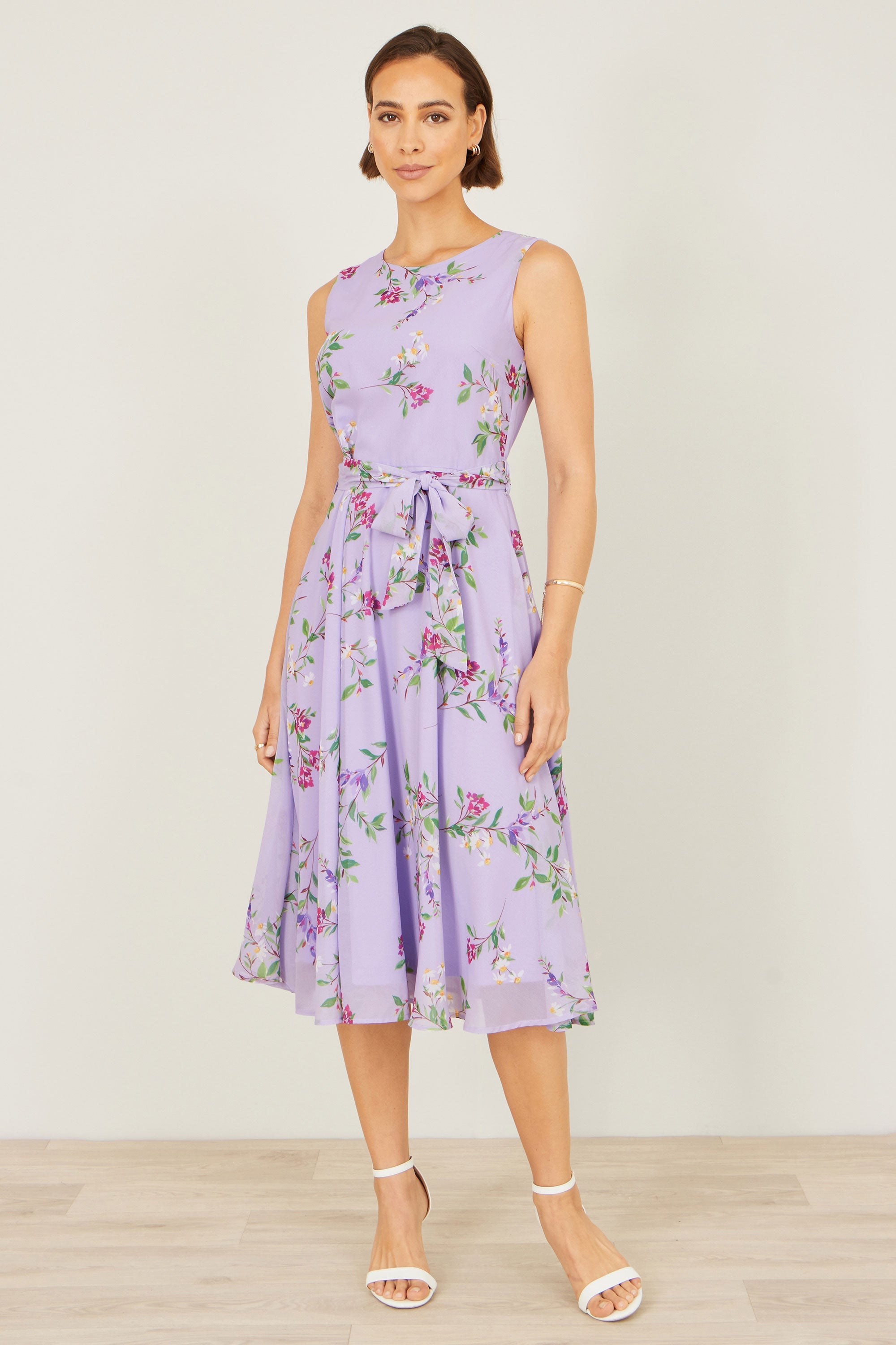 Yumi Lilac Floral Print Midi Skater Dress - QHA UK