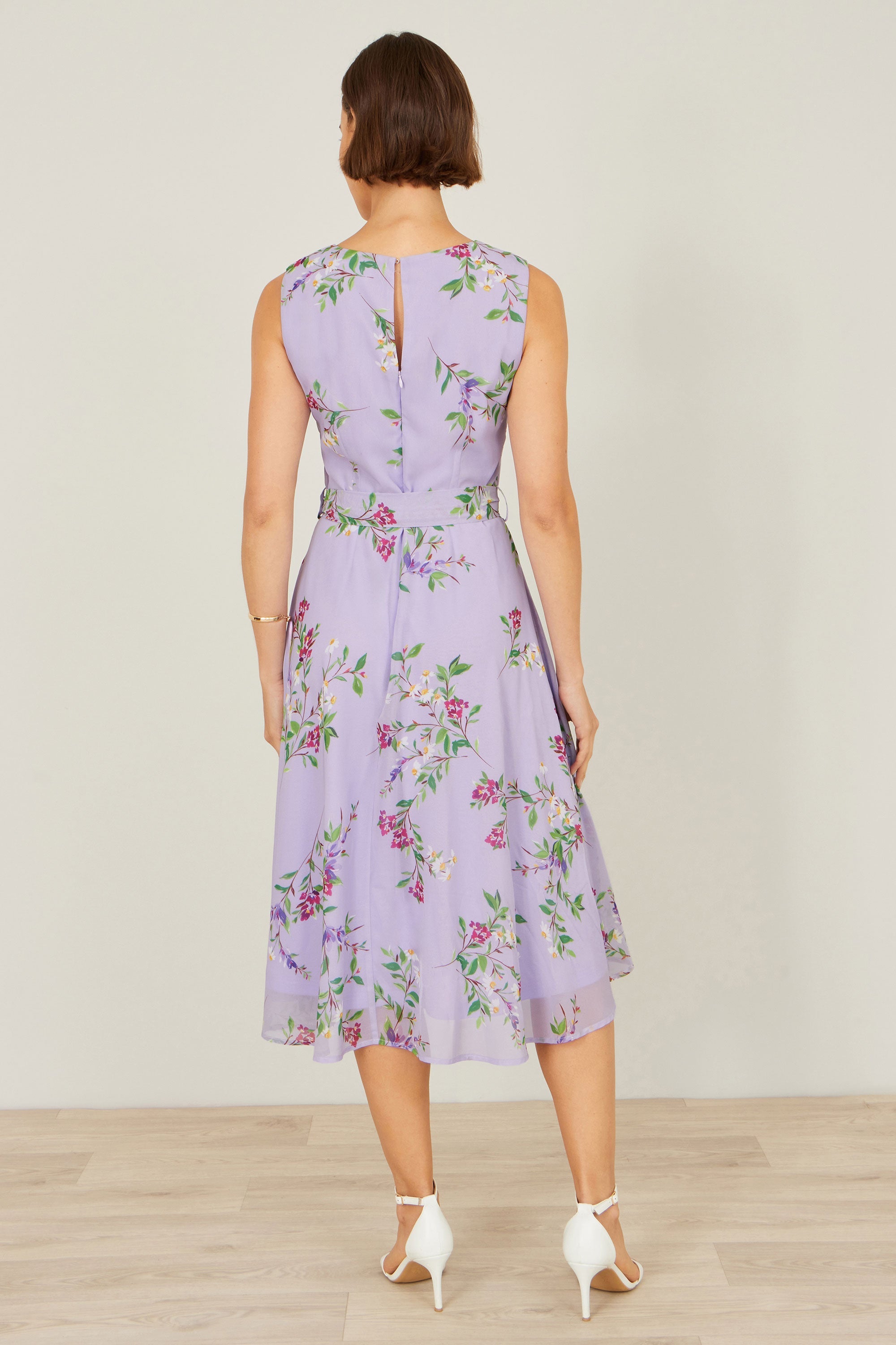 Yumi Lilac Floral Print Midi Skater Dress - QHA UK