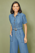 Yumi Blue Cotton Chambray Button Up Jumpsuit - QHA UK