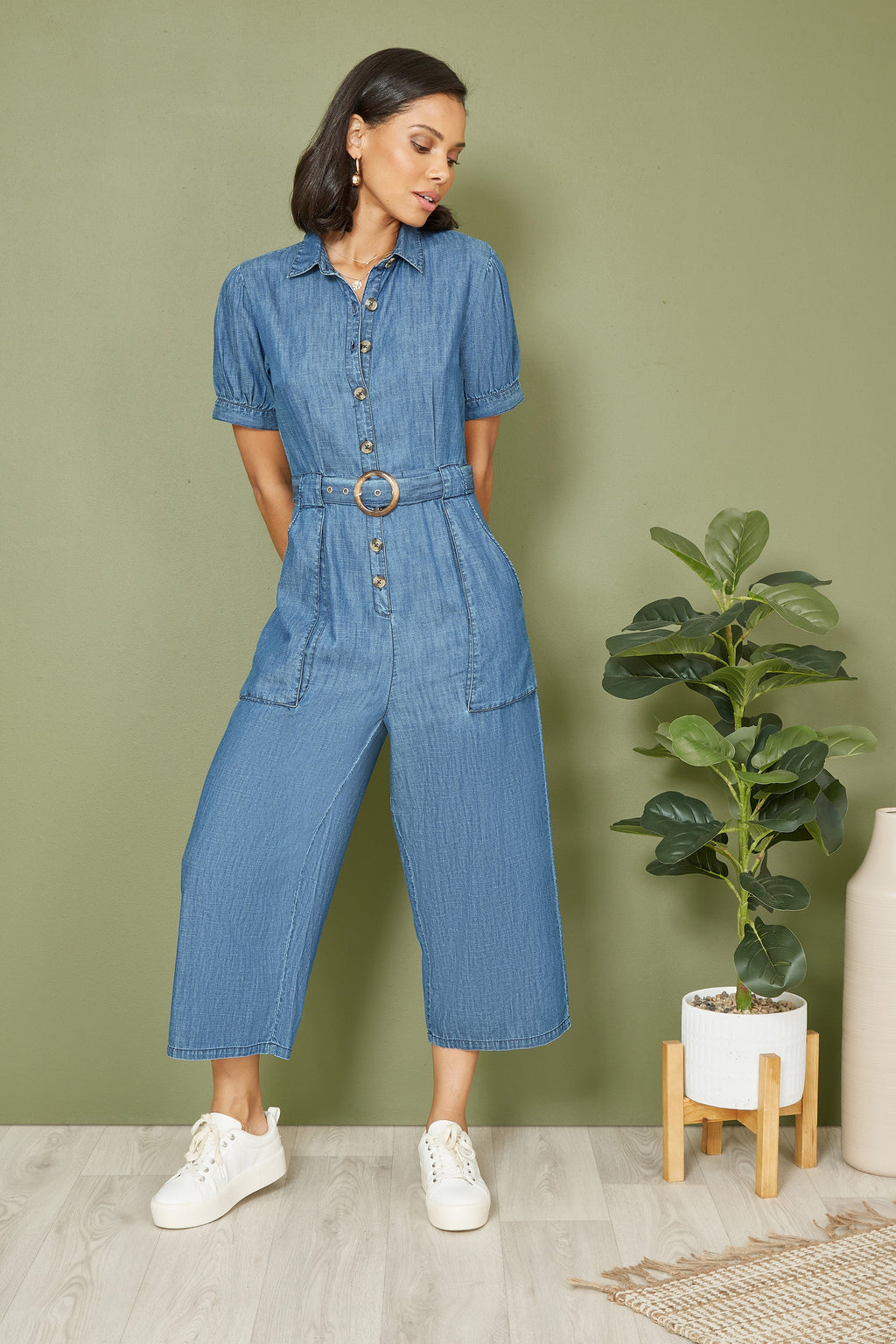 Yumi Blue Cotton Chambray Button Up Jumpsuit - QHA UK
