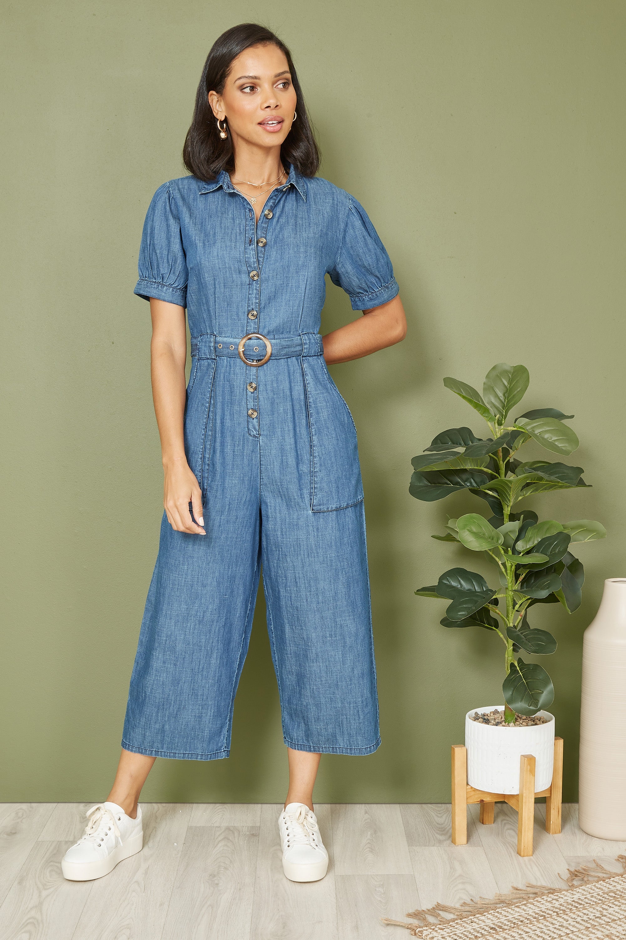 Yumi Blue Cotton Chambray Button Up Jumpsuit