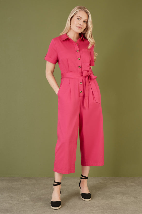 Yumi Pink Viscose Twill Button Up Utility Style Jumpsuit - QHA UK