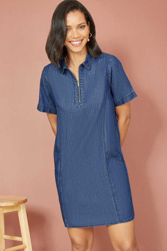 Yumi Blue Cotton Chambray Tunic With Zip Neckline - QHA UK