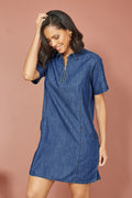 Yumi Blue Cotton Chambray Tunic With Zip Neckline - QHA UK
