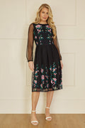 Yumi Black Embroidered Long Mesh Sleeve Prom Skater Dress - QHA UK
