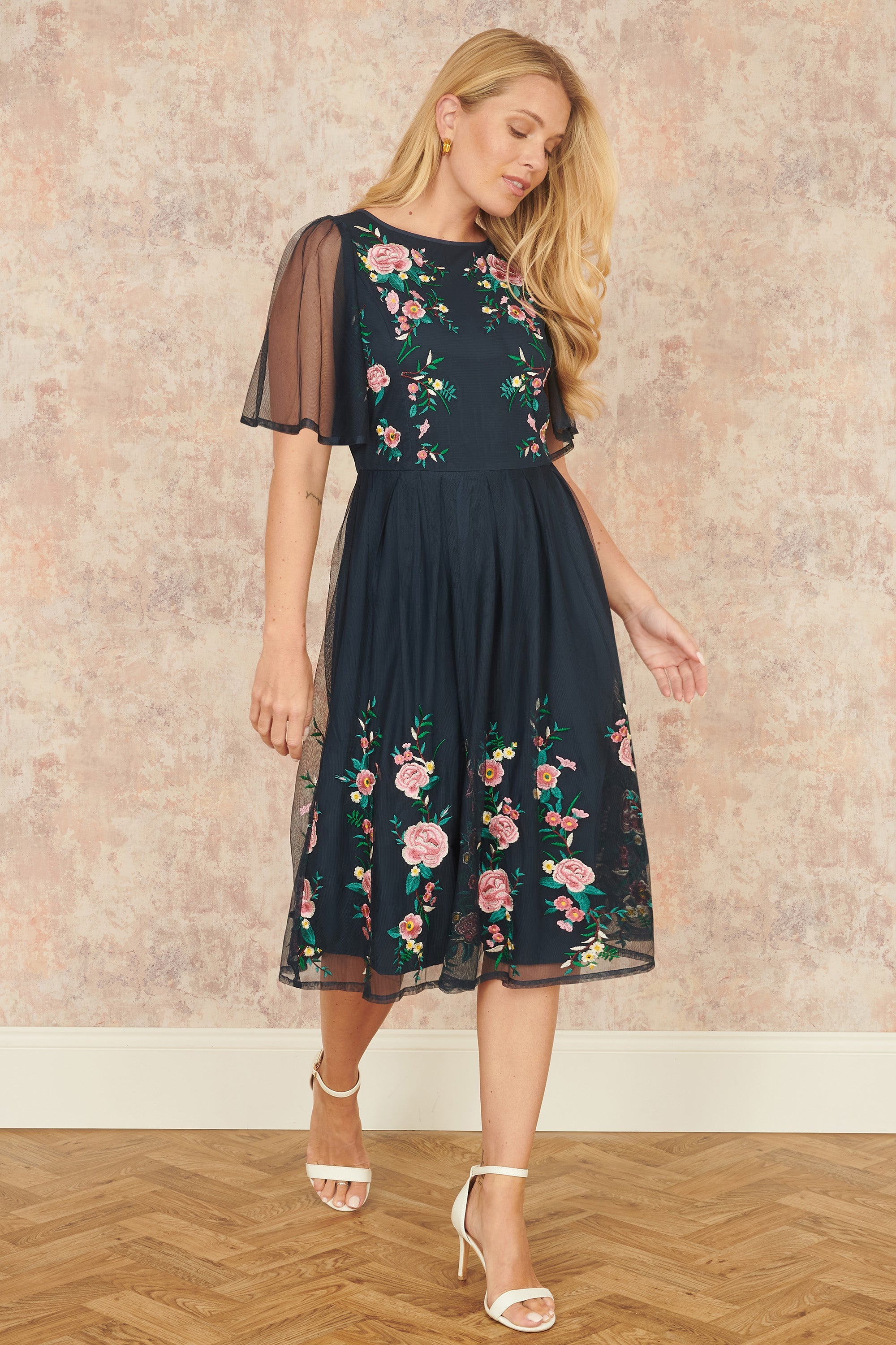 Yumi Navy Embroidered Sleeve Prom Skater Dress - QHA UK