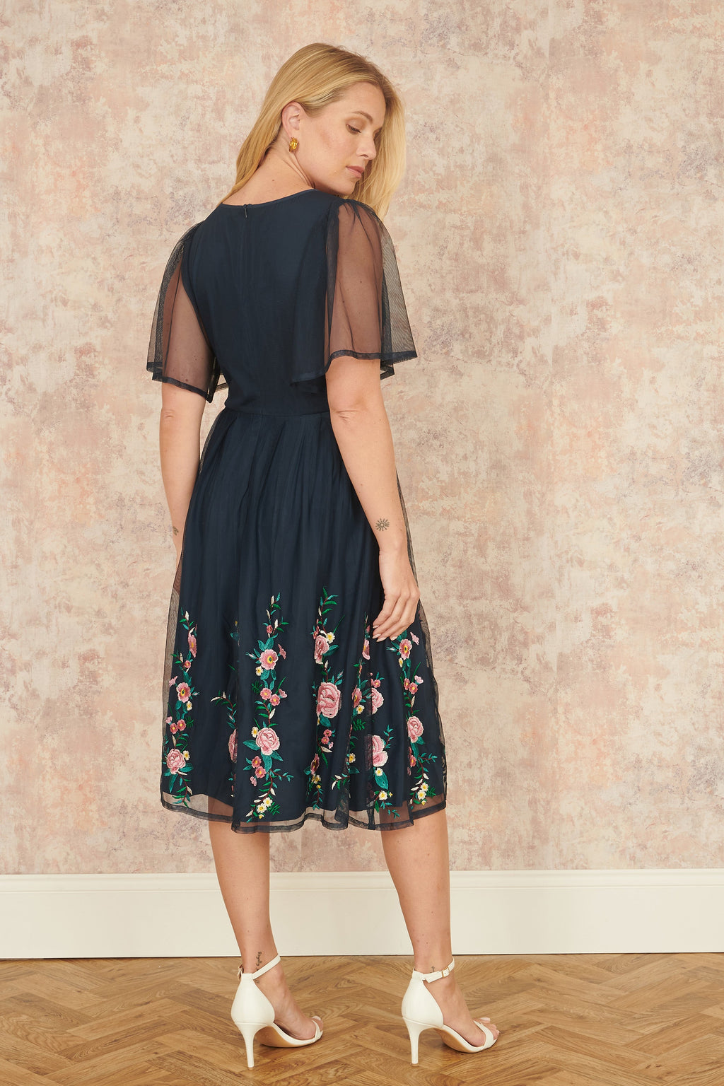 Yumi Navy Embroidered Sleeve Prom Skater Dress - QHA UK