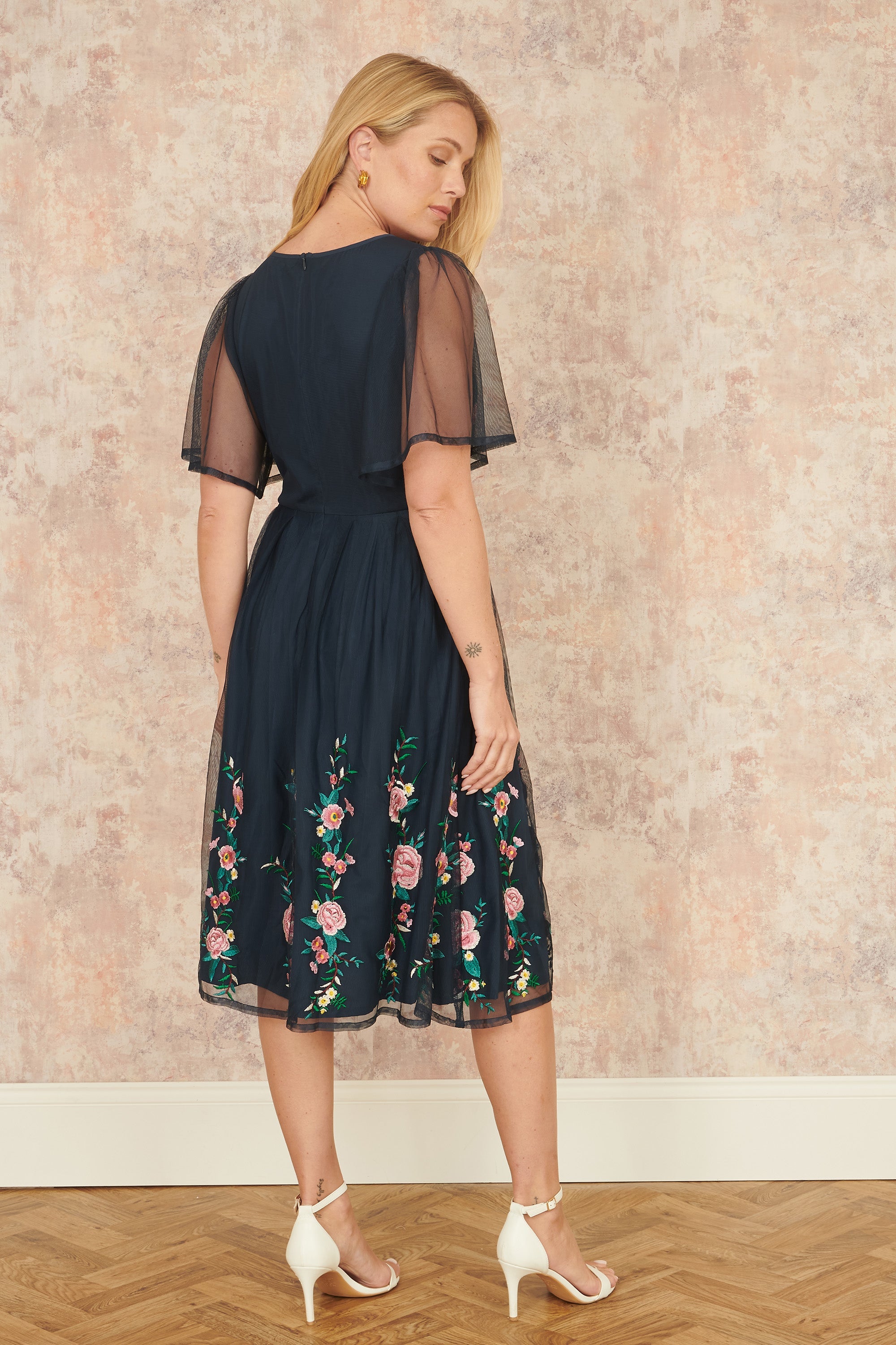 Yumi Navy Embroidered Sleeve Prom Skater Dress - QHA UK