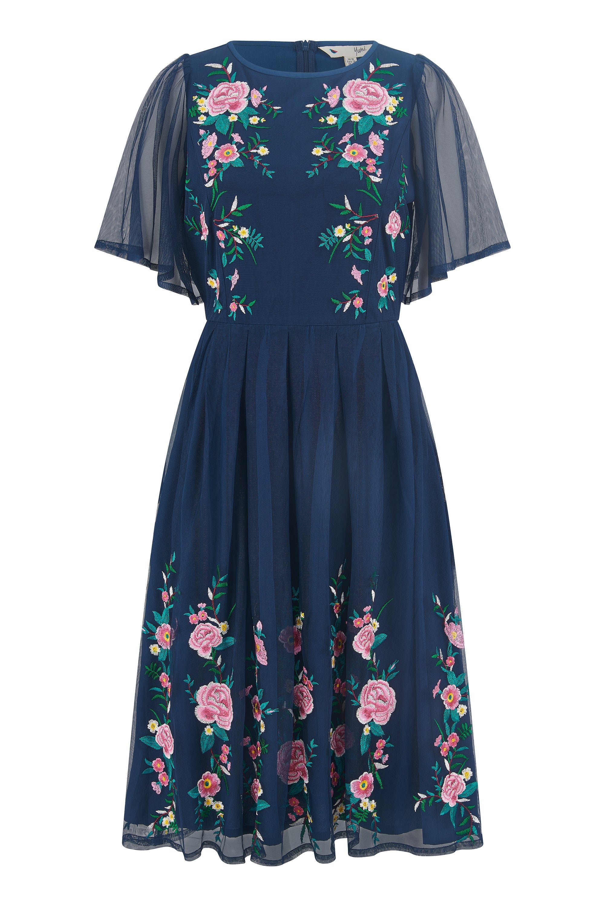 Yumi Navy Embroidered Sleeve Prom Skater Dress - QHA UK