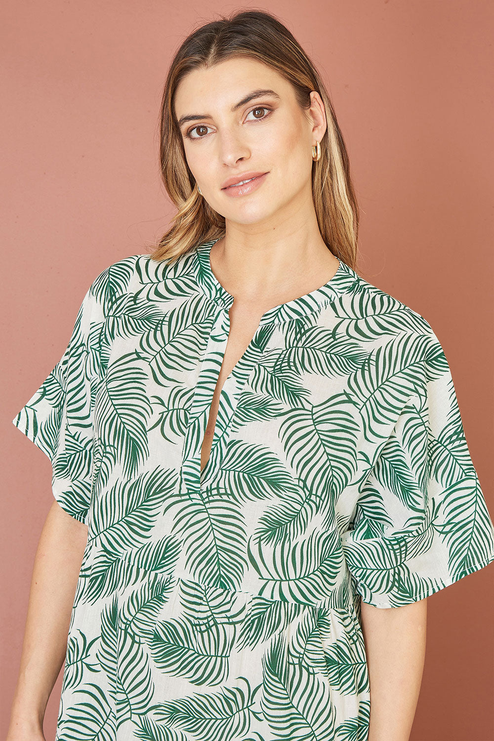 Yumi Green Organic Cotton Palm Print Tiered Tunic Dress - QHA UK