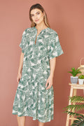 Yumi Green Organic Cotton Palm Print Tiered Tunic Dress - QHA UK