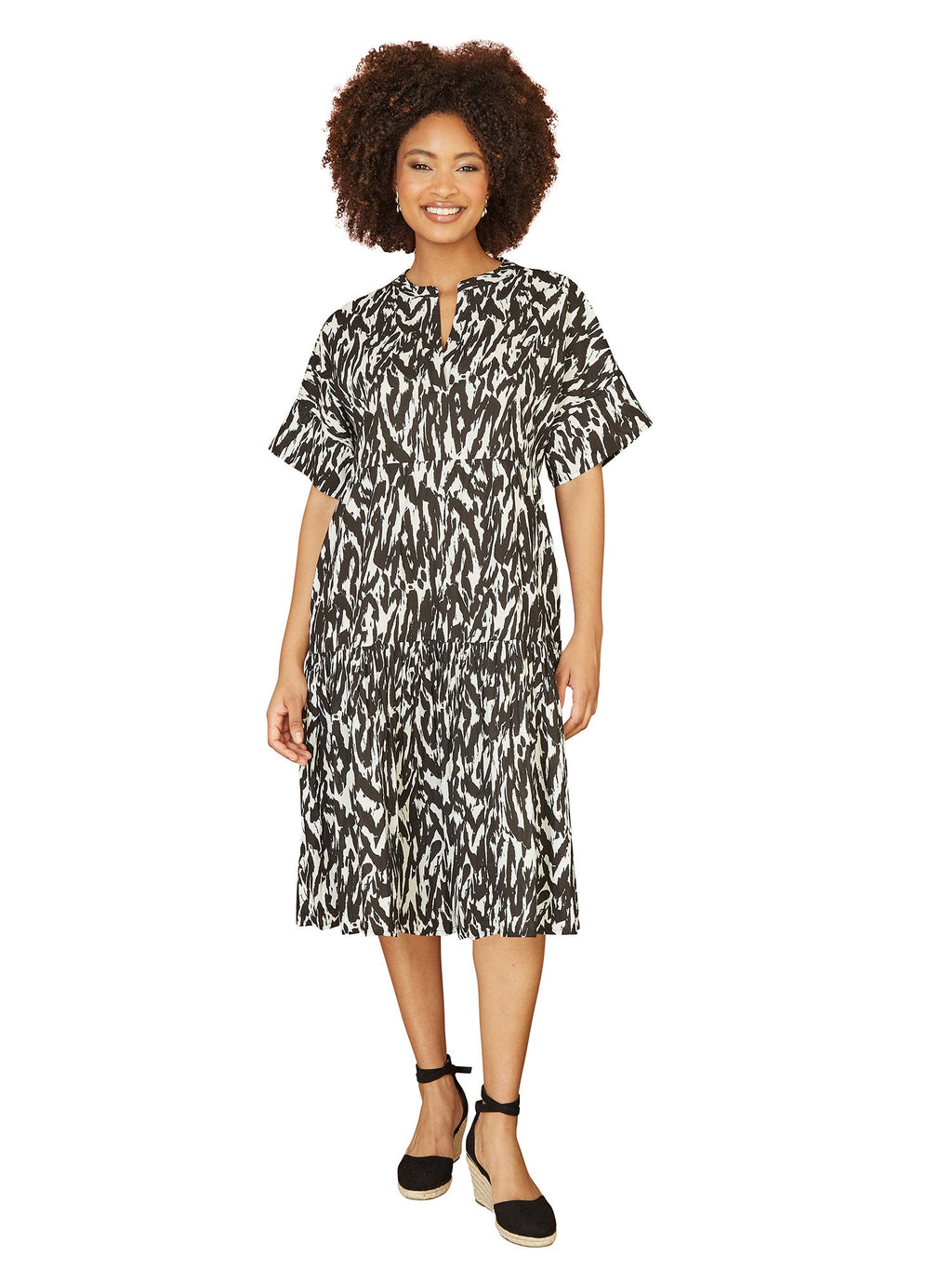 Yumi Black Organic Cotton Animal Print Tiered Tunic Dress - QHA UK