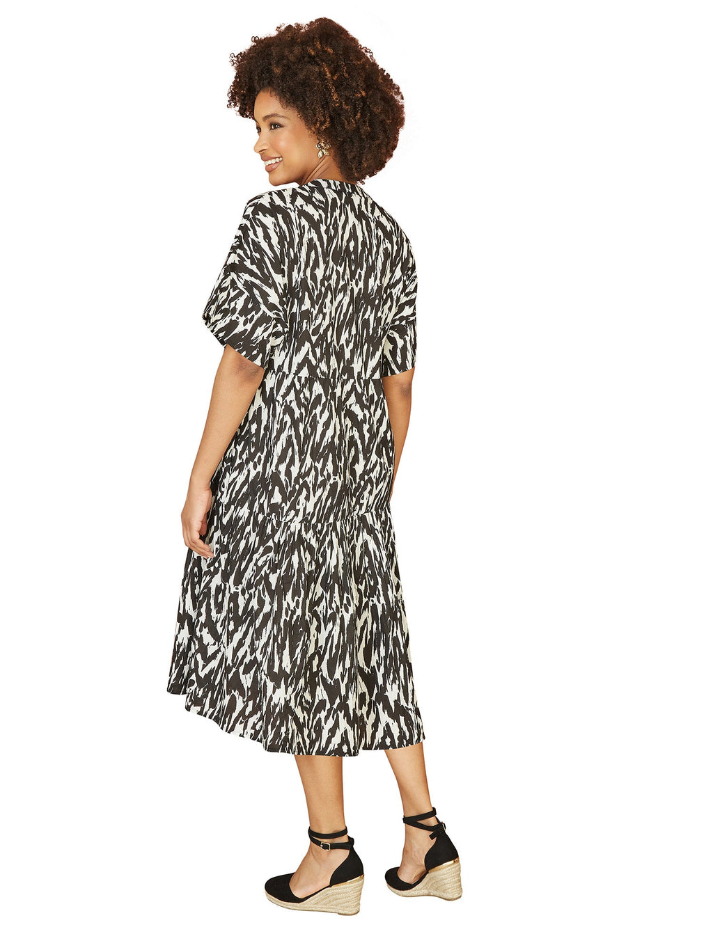 Yumi Black Organic Cotton Animal Print Tiered Tunic Dress - QHA UK