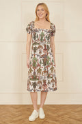 Yumi White Cotton Safari Print Ruched Midi Dress - QHA UK