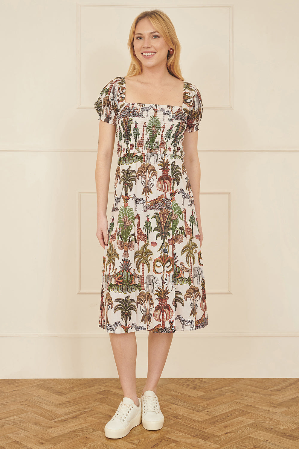 Yumi White Cotton Safari Print Ruched Midi Dress - QHA UK