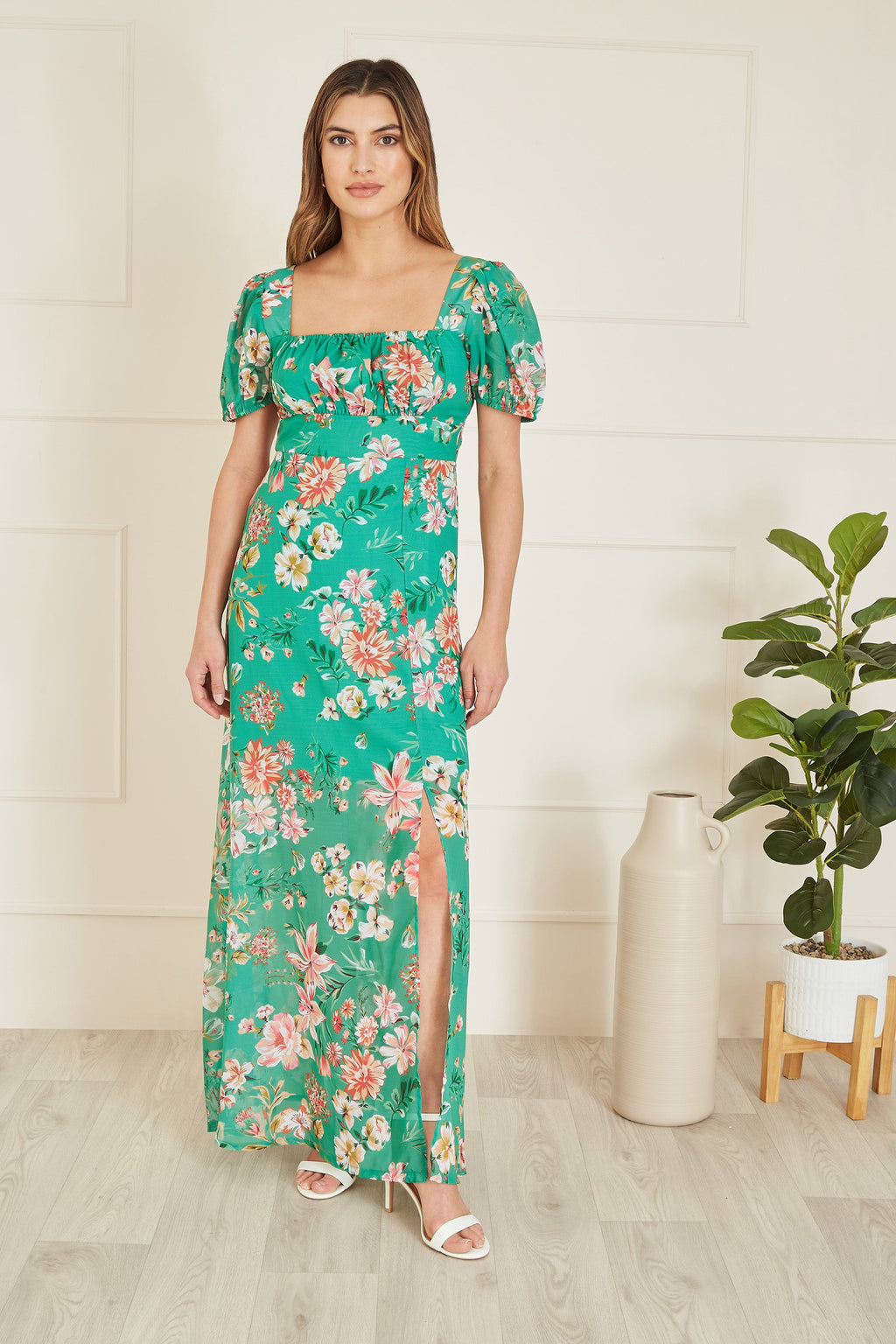 Yumi Green Recycled Floral Print Square Neck Maxi Dress With Split Hemline - QHA UK