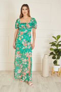 Yumi Green Recycled Floral Print Square Neck Maxi Dress With Split Hemline - QHA UK