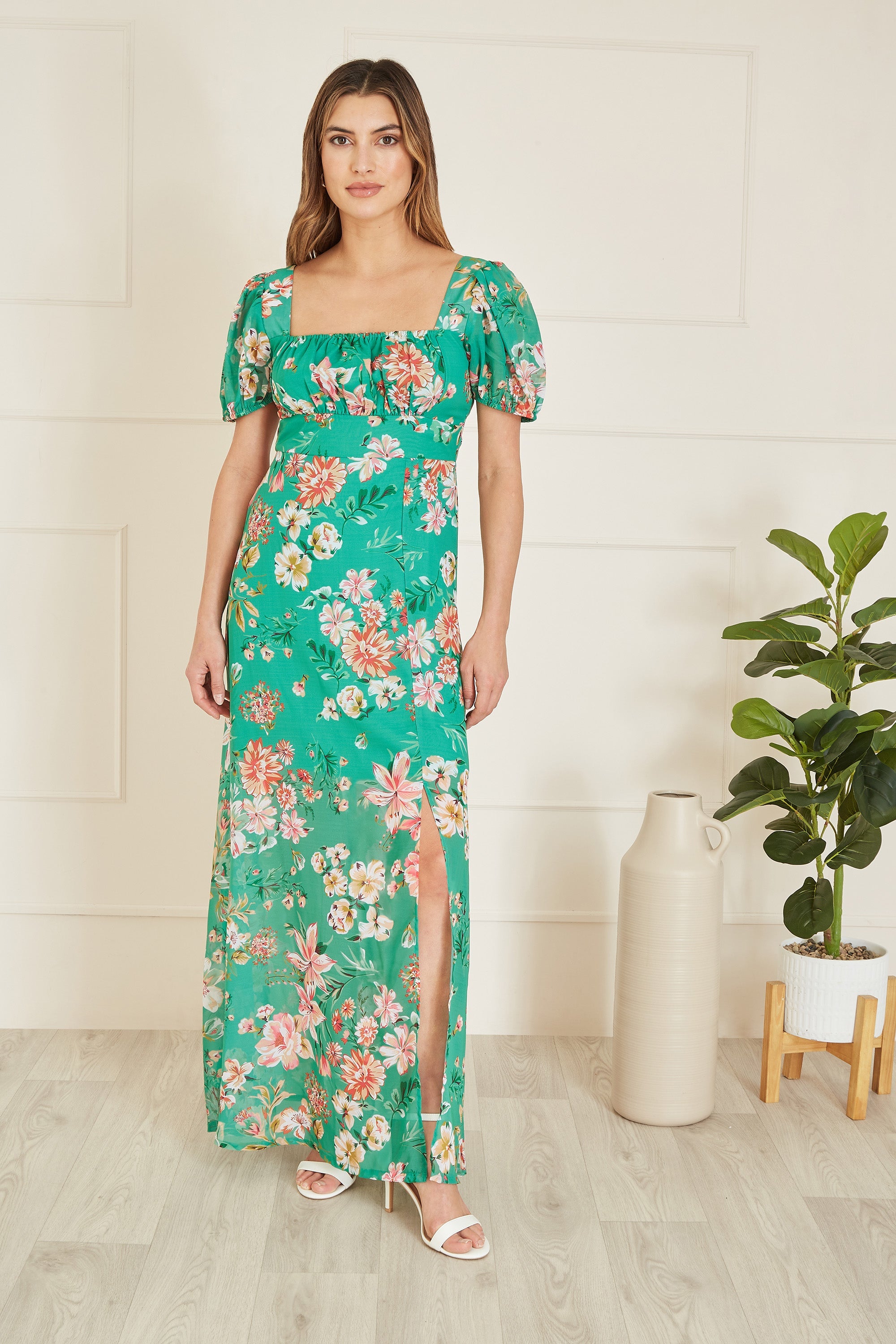 Yumi Green Recycled Floral Print Square Neck Maxi Dress With Split Hemline - QHA UK