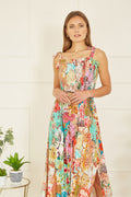 Yumi Multicolour Patchwork Split Hem Maxi Dress With Tie Straps - QHA UK