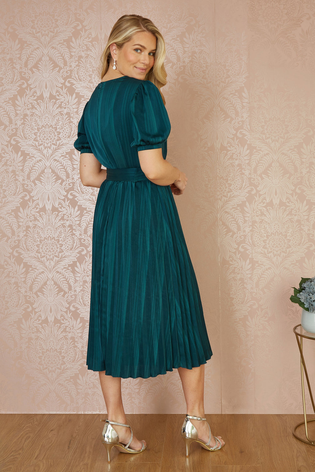 Yumi Green Satin Striped Midi Dress With Pleats and Matching Belt - QHA UK