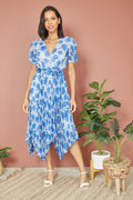 Yumi Blue Floral Pleated Midi Dress With Puff Sleeves - QHA UK