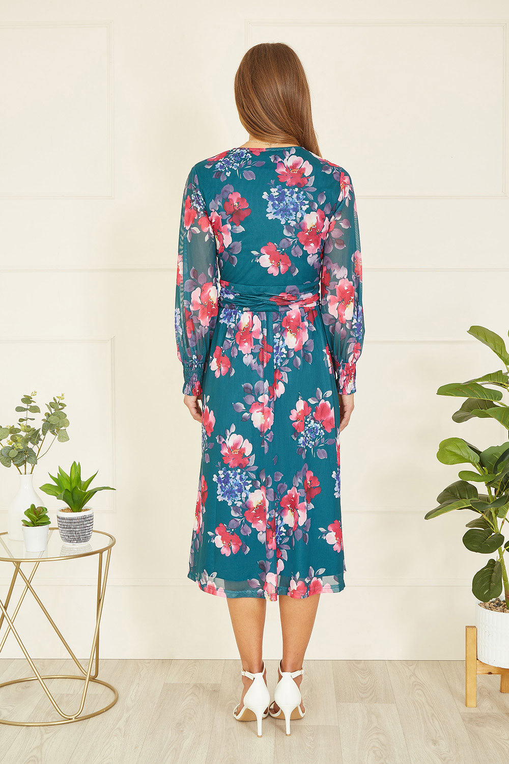 Yumi Green Floral Print Stretch Mesh Dress With Pockets - QHA UK
