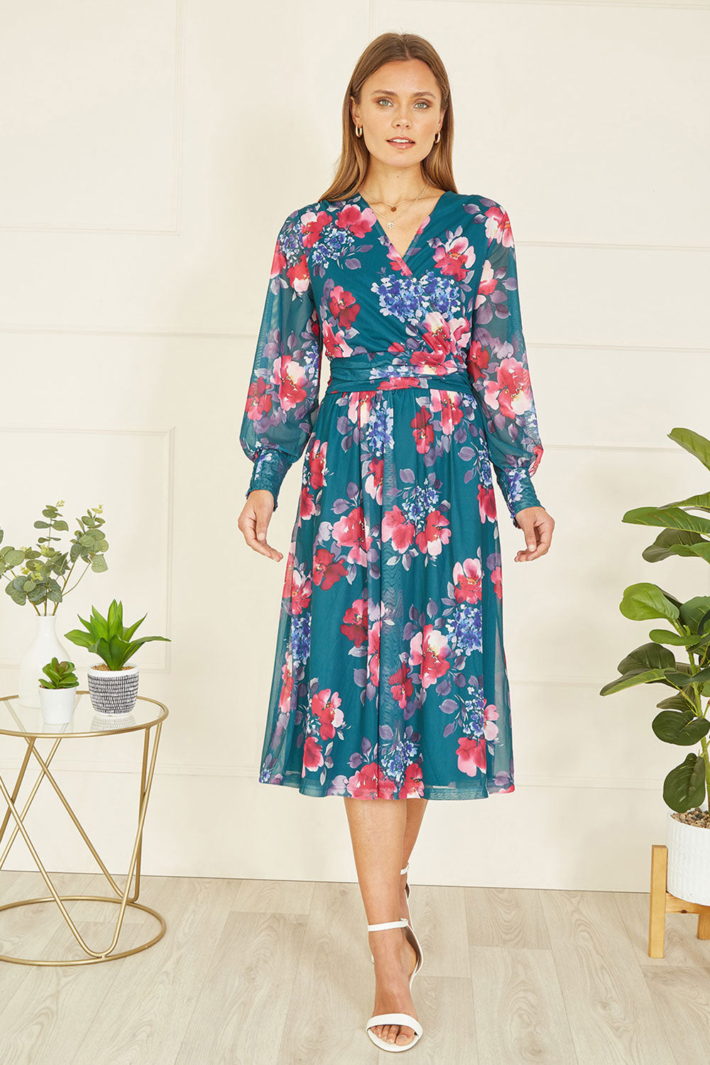 Yumi Green Floral Print Stretch Mesh Dress With Pockets - QHA UK