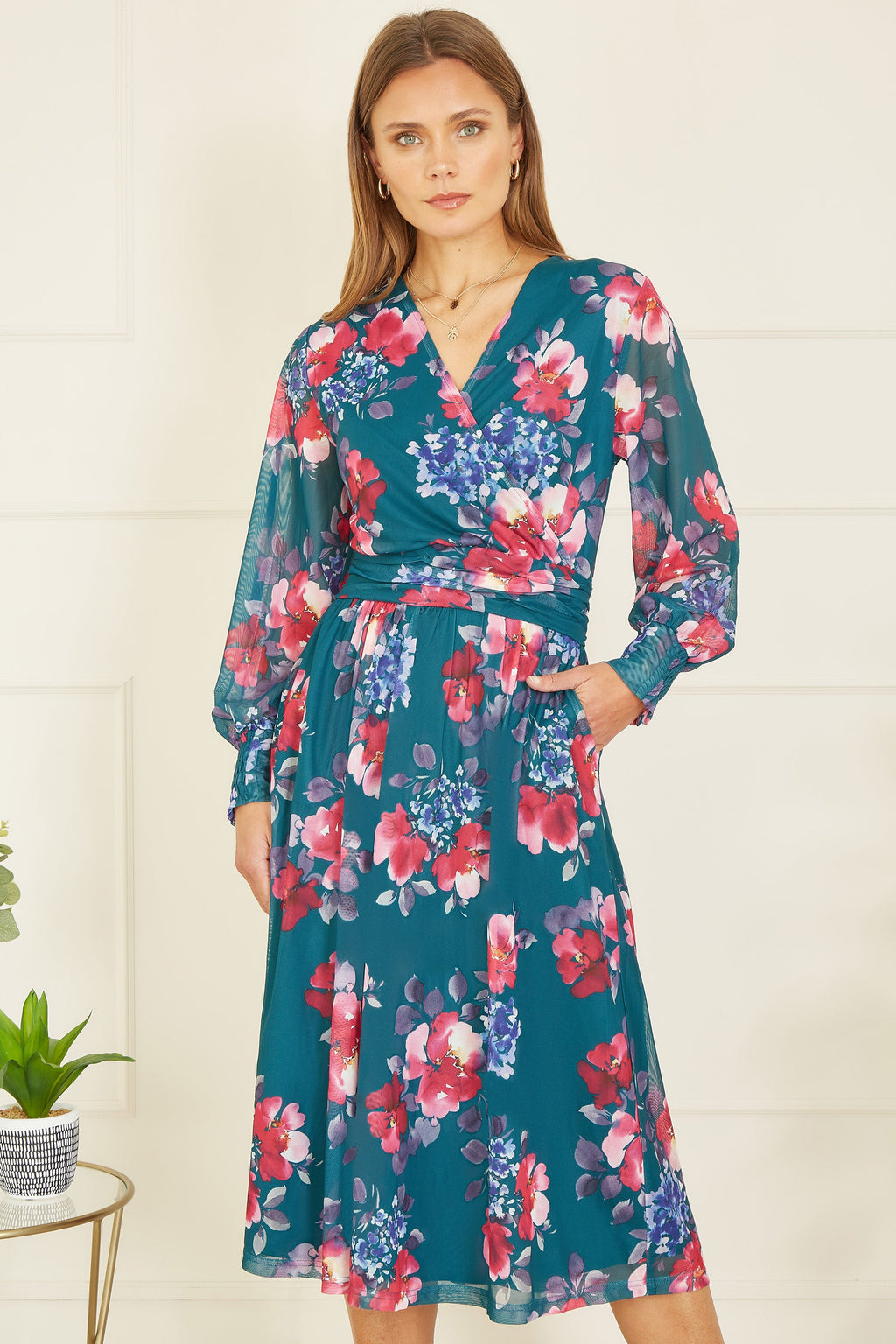 Yumi Green Floral Print Stretch Mesh Dress With Pockets - QHA UK