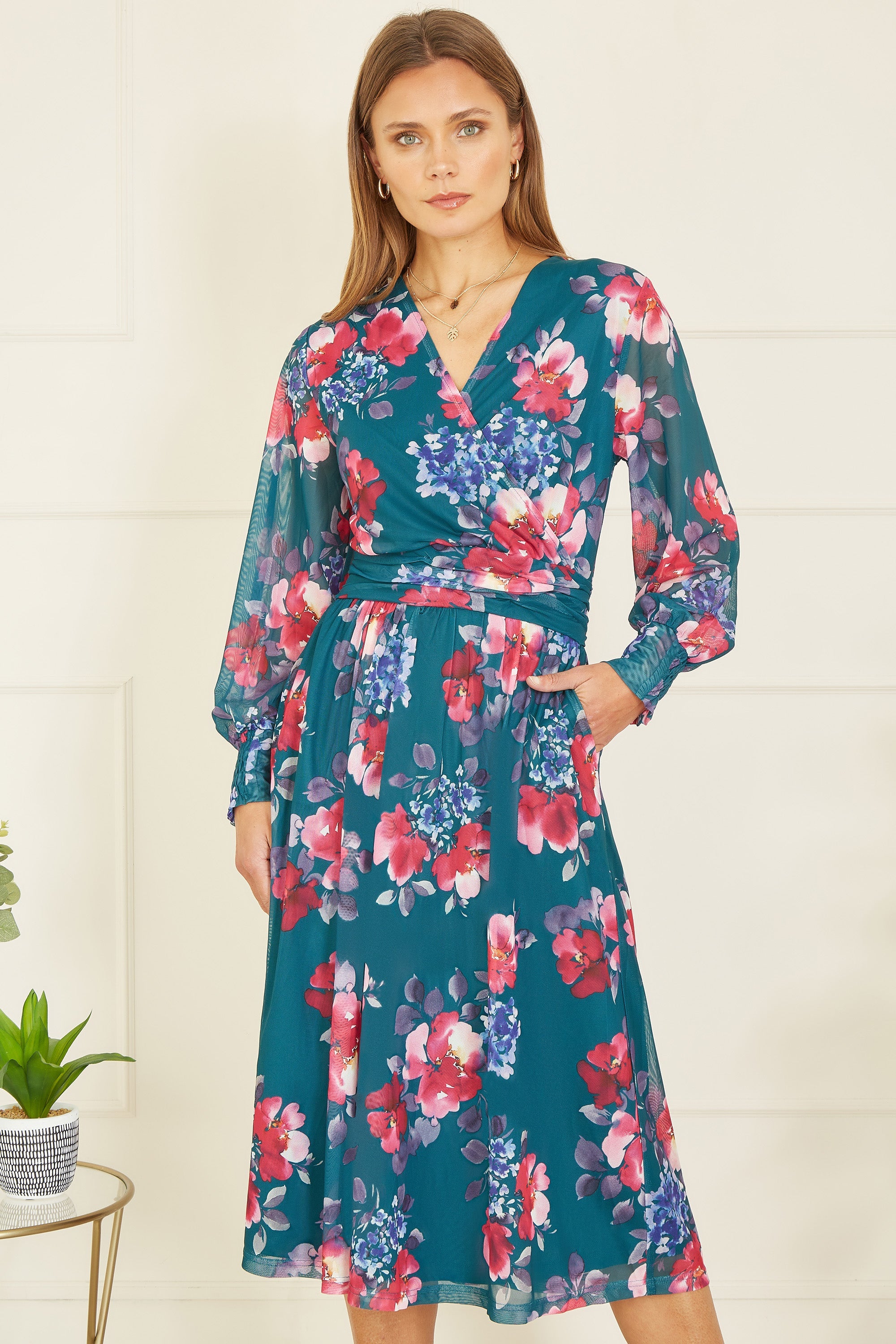 Yumi Green Floral Print Stretch Mesh Dress With Pockets - QHA UK