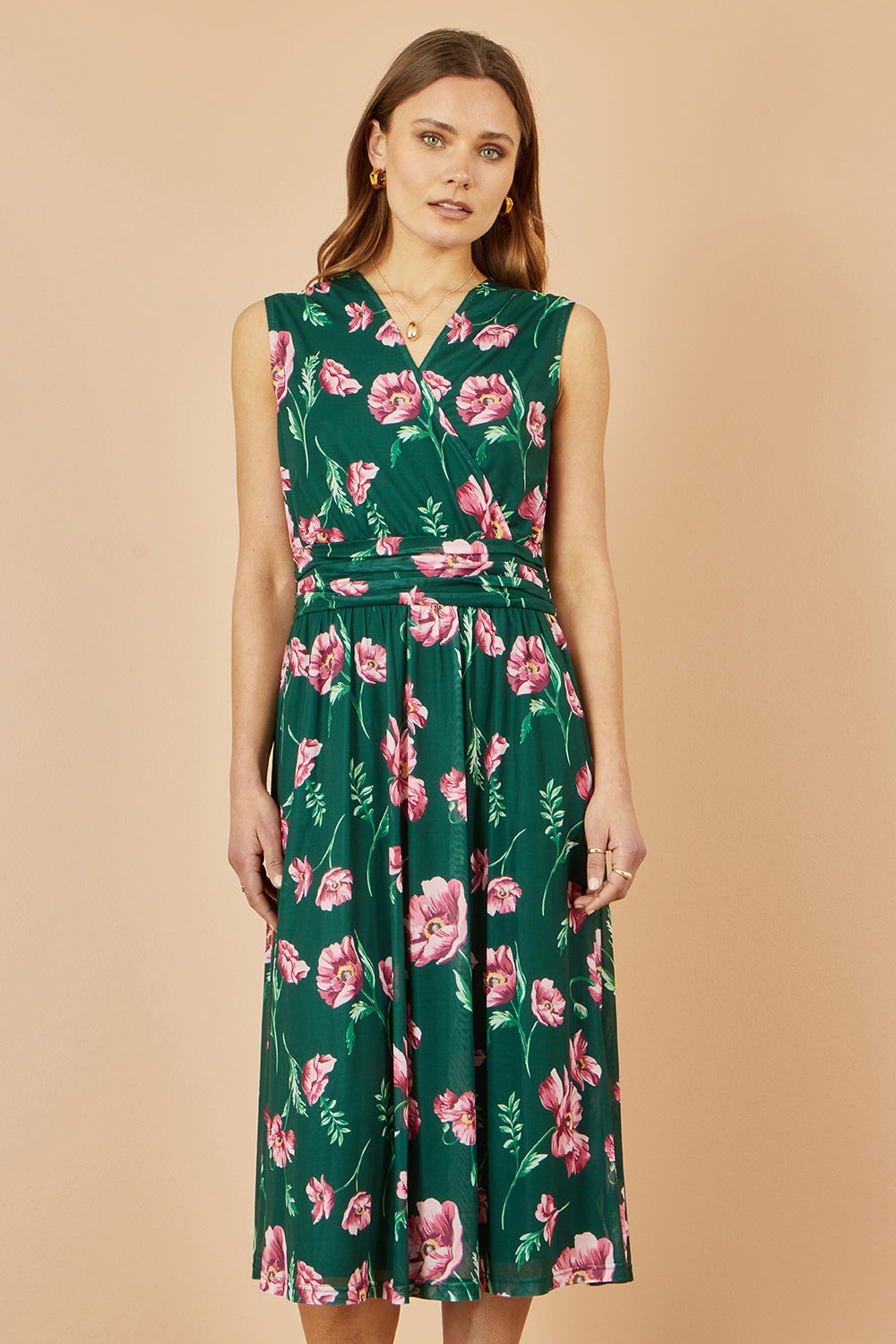 Yumi Green Floral Print Mesh Stretch Midi Dress With Pockets - QHA UK