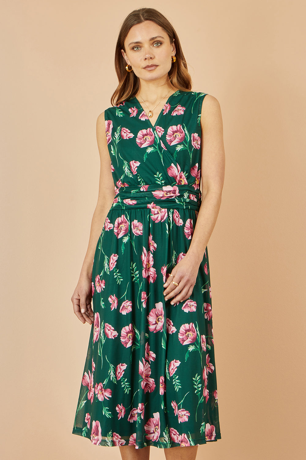 Yumi Green Floral Print Mesh Stretch Midi Dress With Pockets - QHA UK