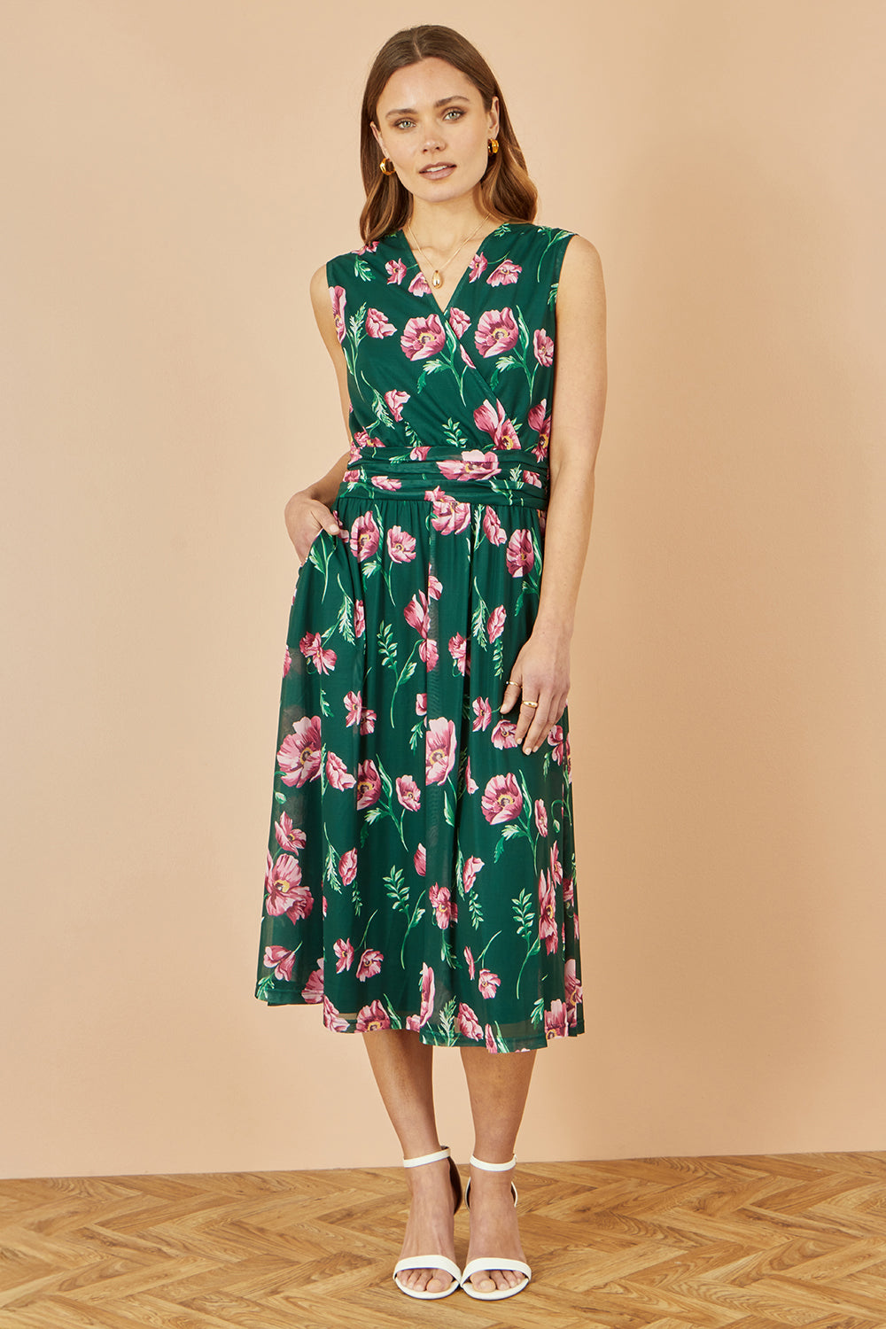 Yumi Green Floral Print Mesh Stretch Midi Dress With Pockets - QHA UK
