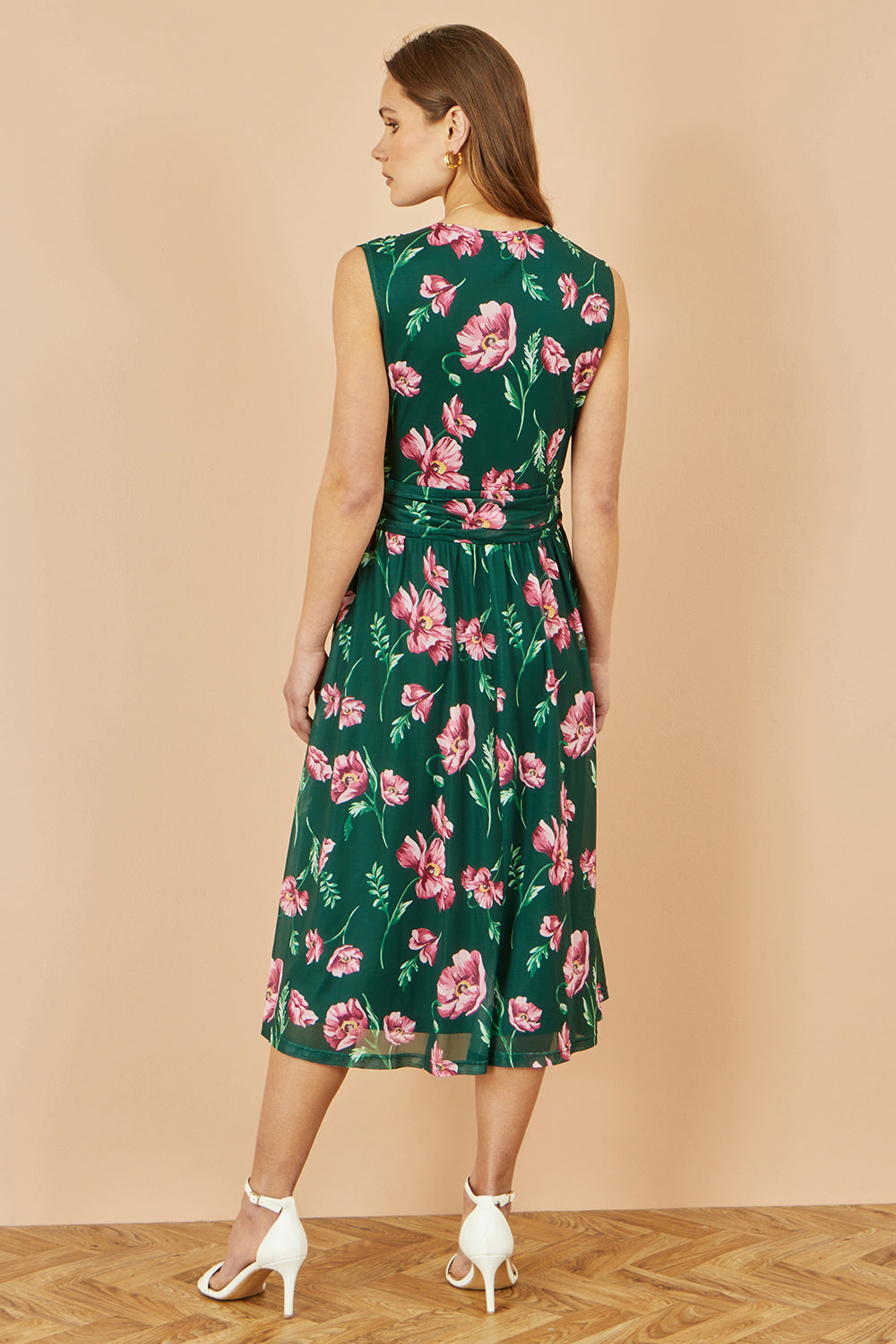 Yumi Green Floral Print Mesh Stretch Midi Dress With Pockets - QHA UK