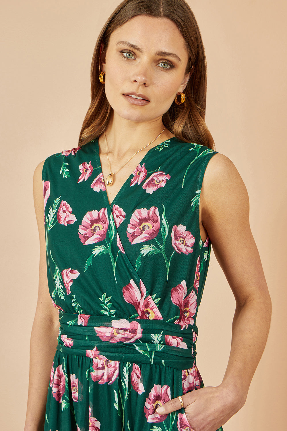 Yumi Green Floral Print Mesh Stretch Midi Dress With Pockets - QHA UK
